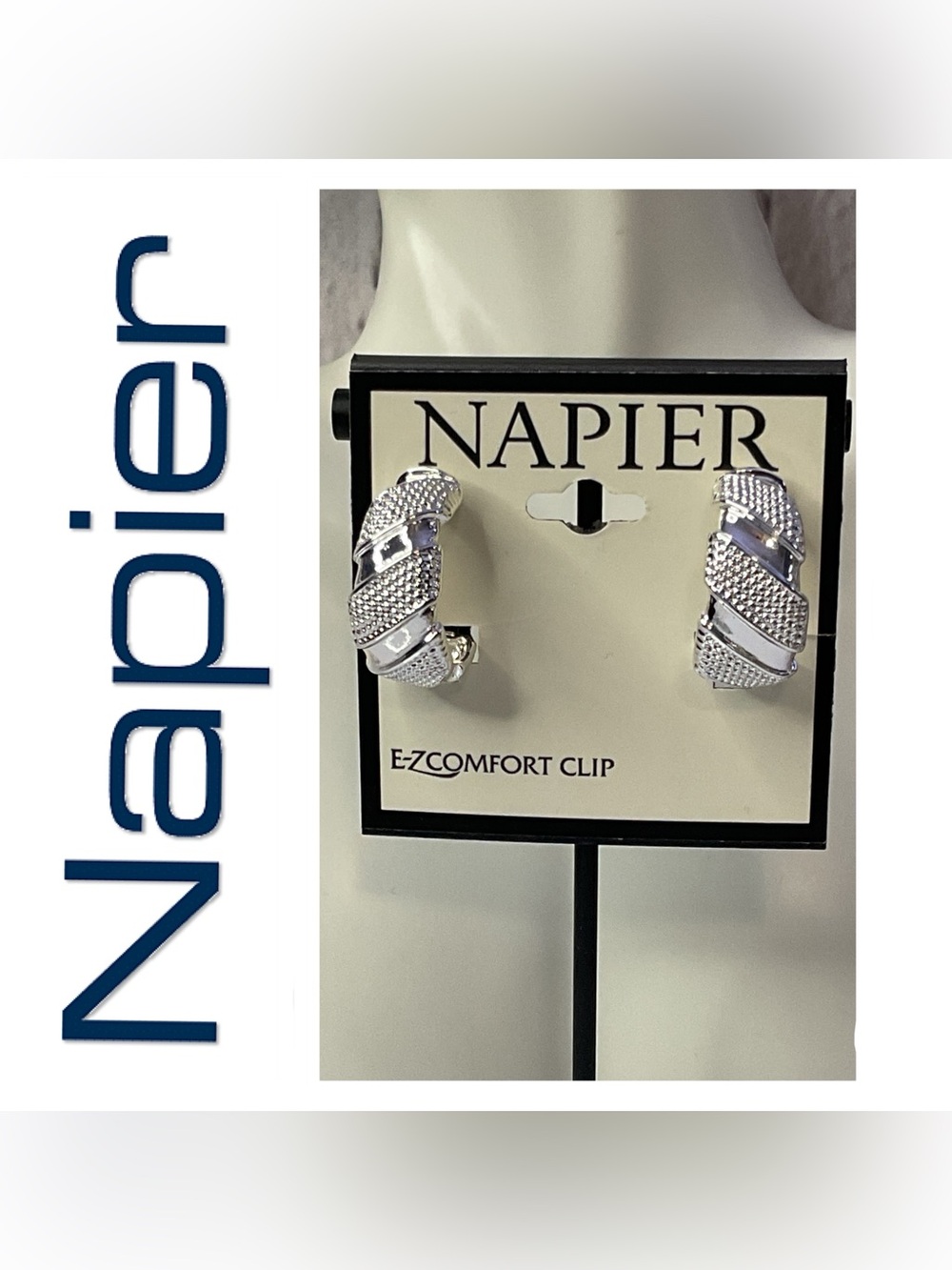 🌟🌟 Napier Silver Textured Clip-On Hoop Earrings